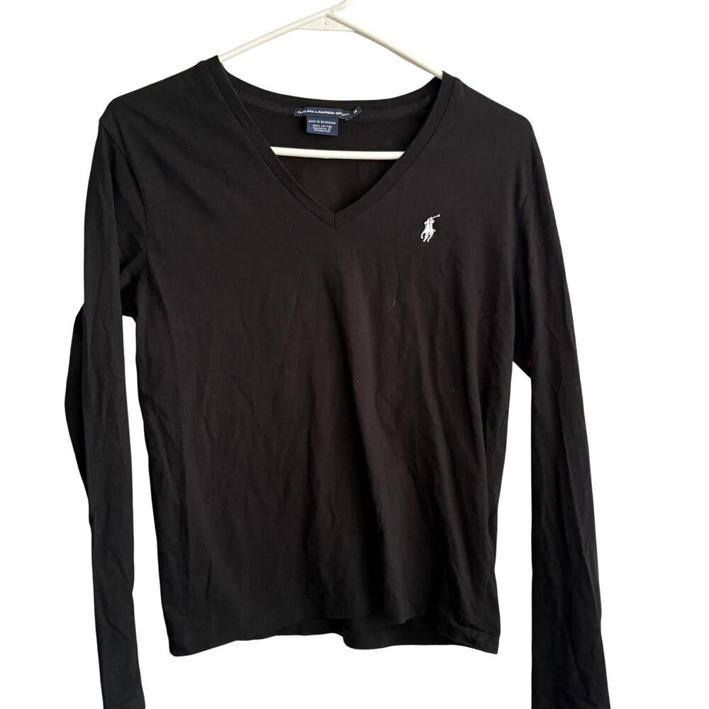 Ralph Lauren Sport Vintage Womens Tee M Black White Top 90s Y2K Prep Long Sleeve